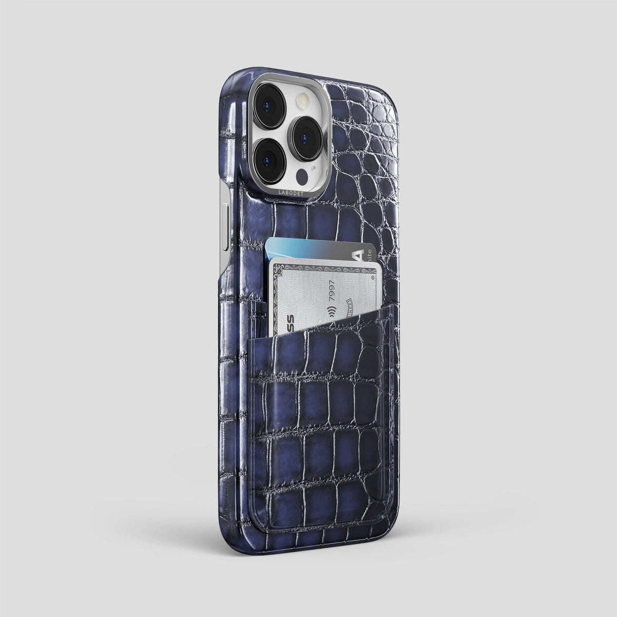 Havana-Blue iPhone 14 Pro Max Double Card Case Patina Alligator with Steel Metal -2 | Havana-Blue-Steel