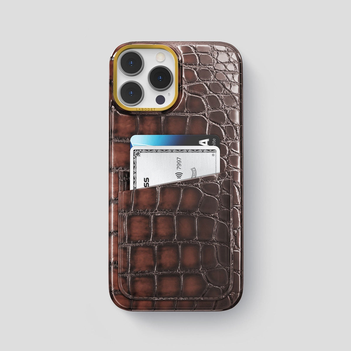 Havana-Brown iPhone 14 Pro Max Double Card Case Patina Alligator with Gold Metal -1 | Havana-Brown-Gold