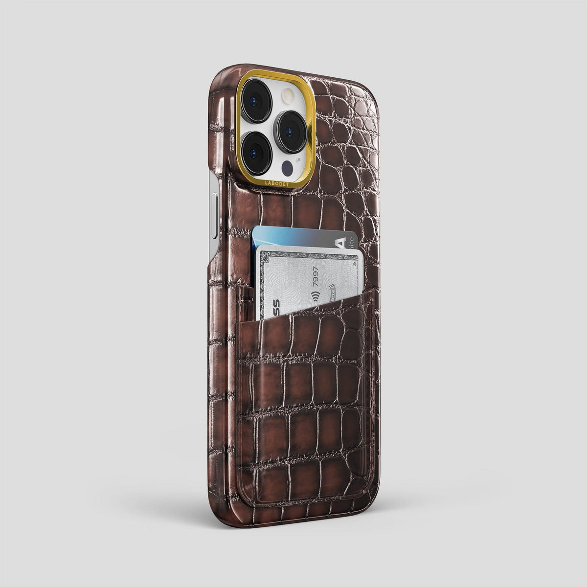 Havana-Brown iPhone 14 Pro Max Double Card Case Patina Alligator with Gold Metal -2 | Havana-Brown-Gold