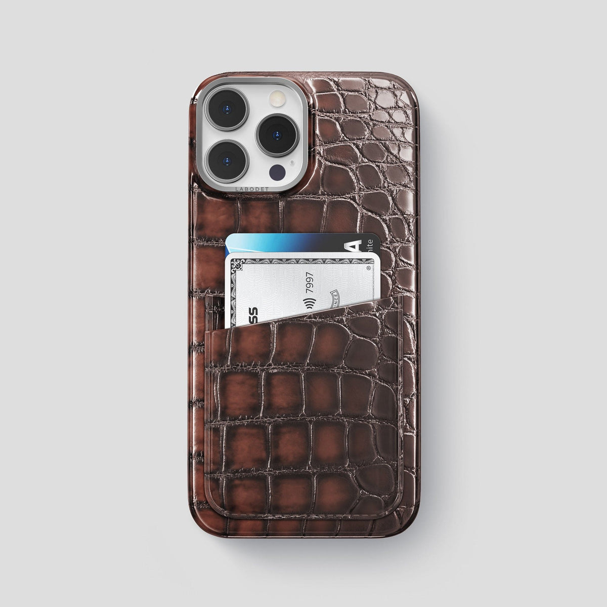 Havana-Brown iPhone 14 Pro Max Double Card Case Patina Alligator with Steel Metal -1 | Havana-Brown-Steel