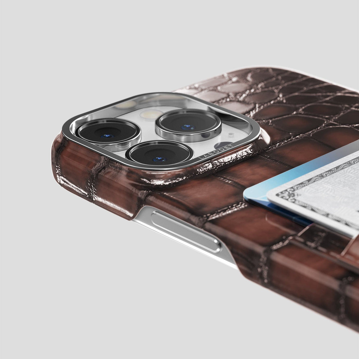 Havana-Brown iPhone 14 Pro Max Double Card Case Patina Alligator with Steel Metal -5 | Havana-Brown-Steel
