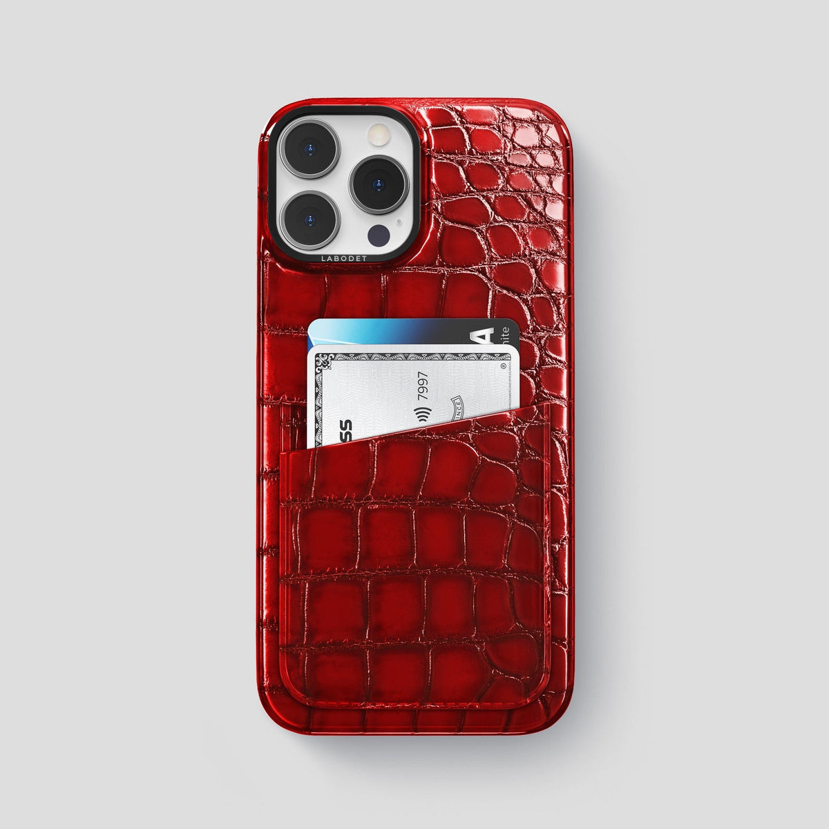 Burgundy iPhone 14 Pro Max Double Card Case Patina Alligator with Black Metal -1 | Burgundy-Black