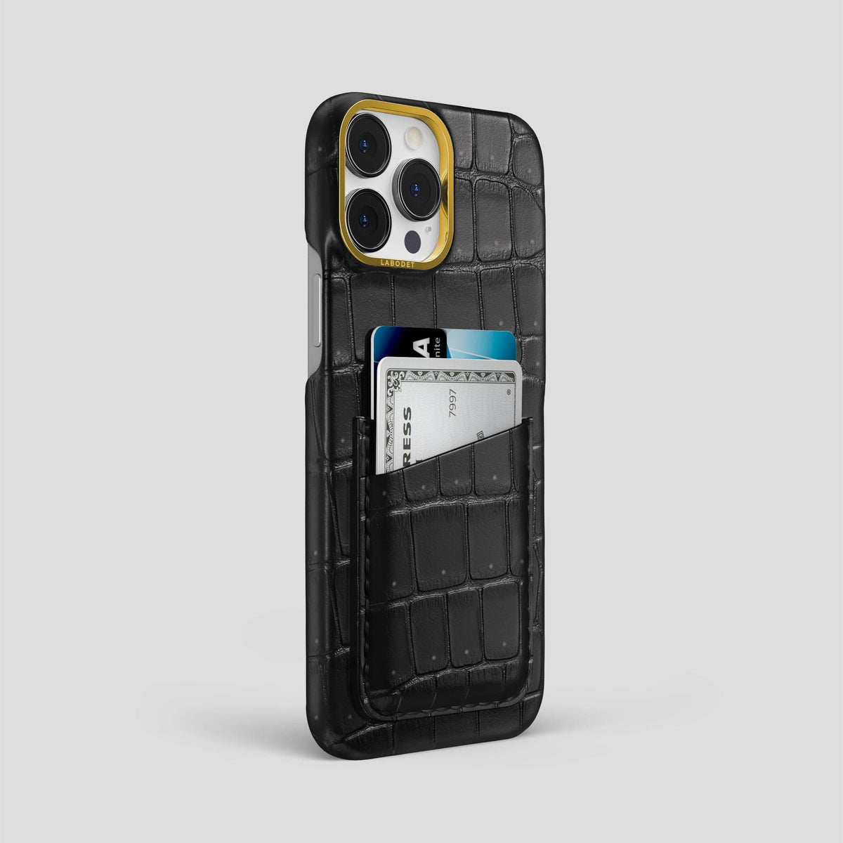 Black iPhone 14 Pro Max Porosus Crocodile Porosus Crocodile with Gold Metal -2 | Black-Gold