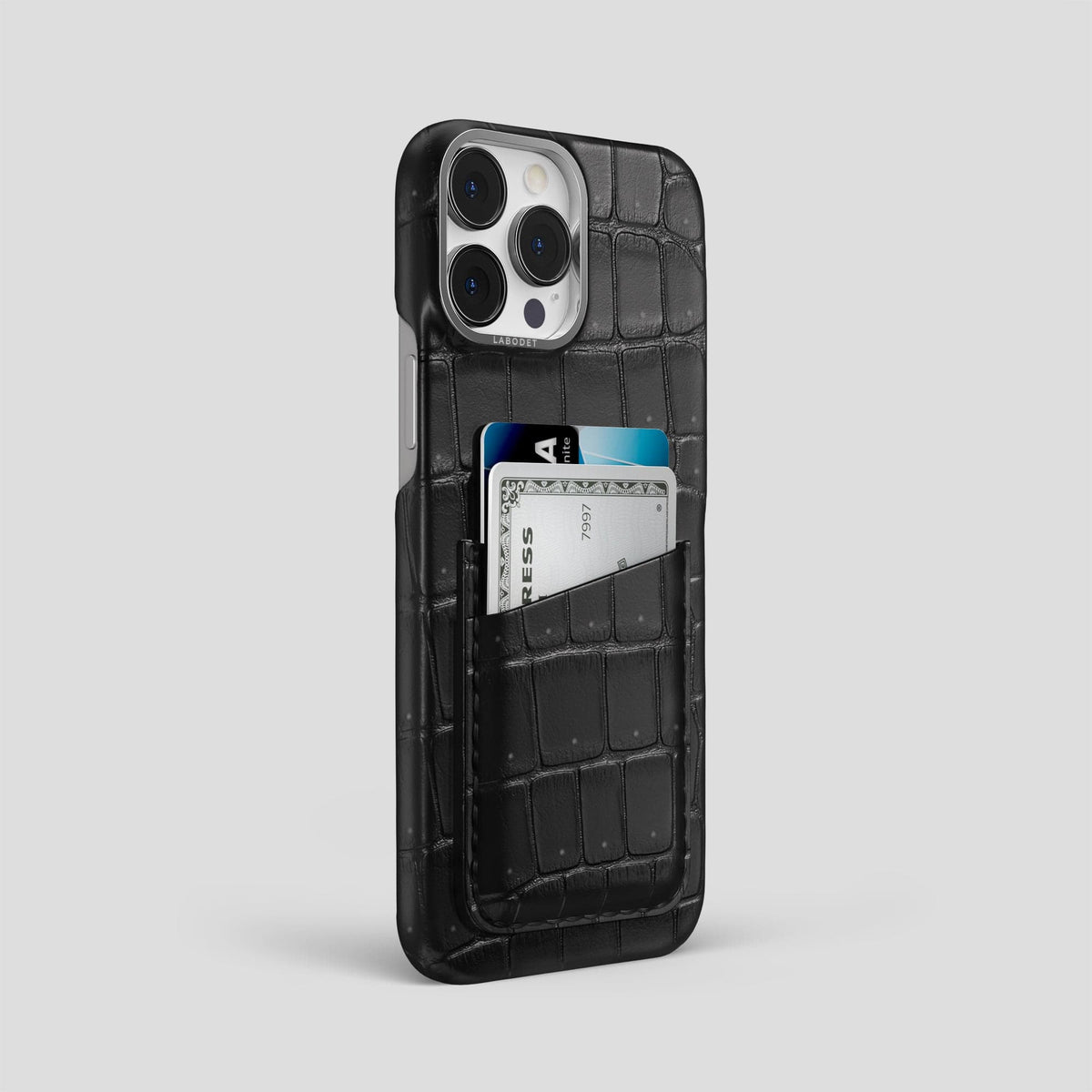 Black iPhone 14 Pro Max Porosus Crocodile Porosus Crocodile with Steel Metal -2 | Black-Steel