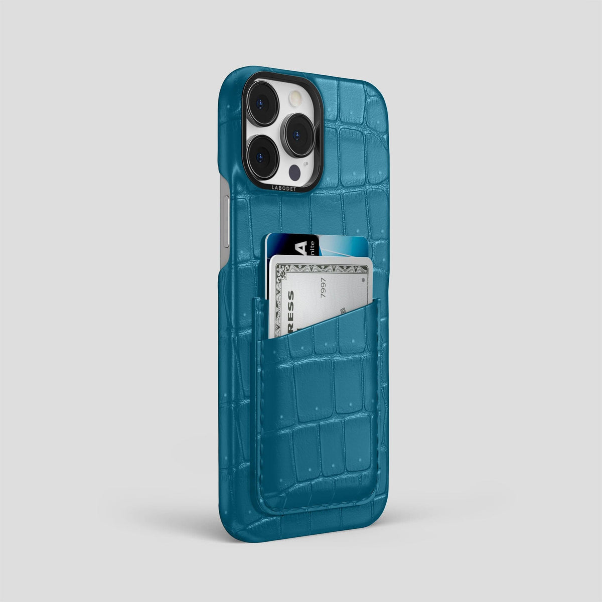 Duck Blue iPhone 14 Pro Max Porosus Crocodile Porosus Crocodile with Black Metal -2 | Duck-Blue-Black