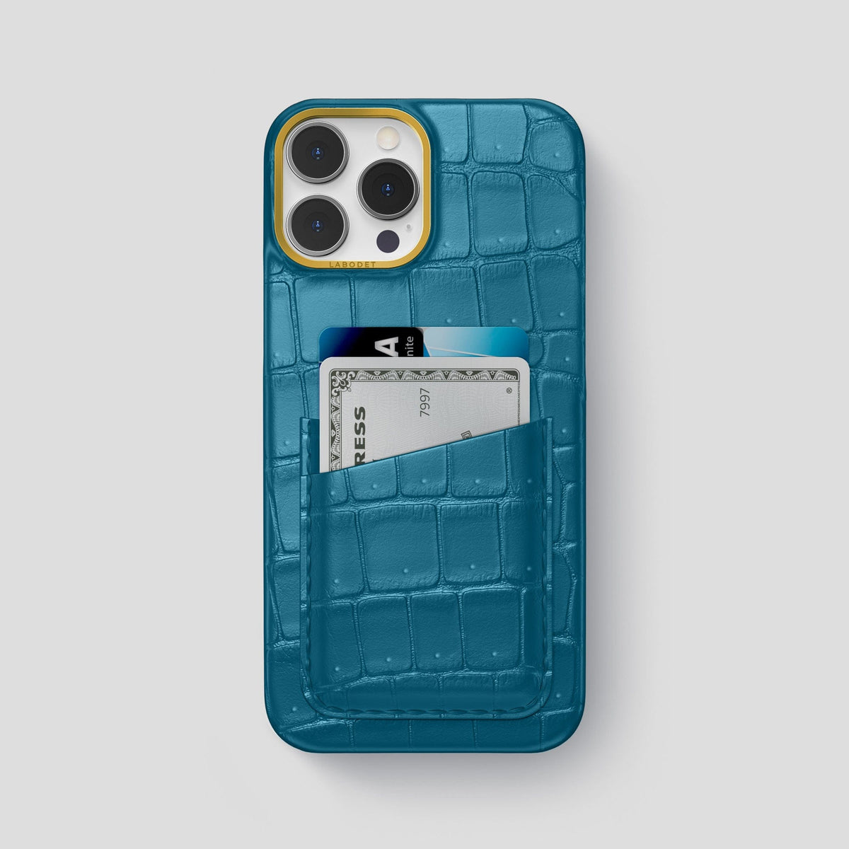 Duck Blue iPhone 14 Pro Max Porosus Crocodile Porosus Crocodile with Gold Metal -1 | Duck-Blue-Gold