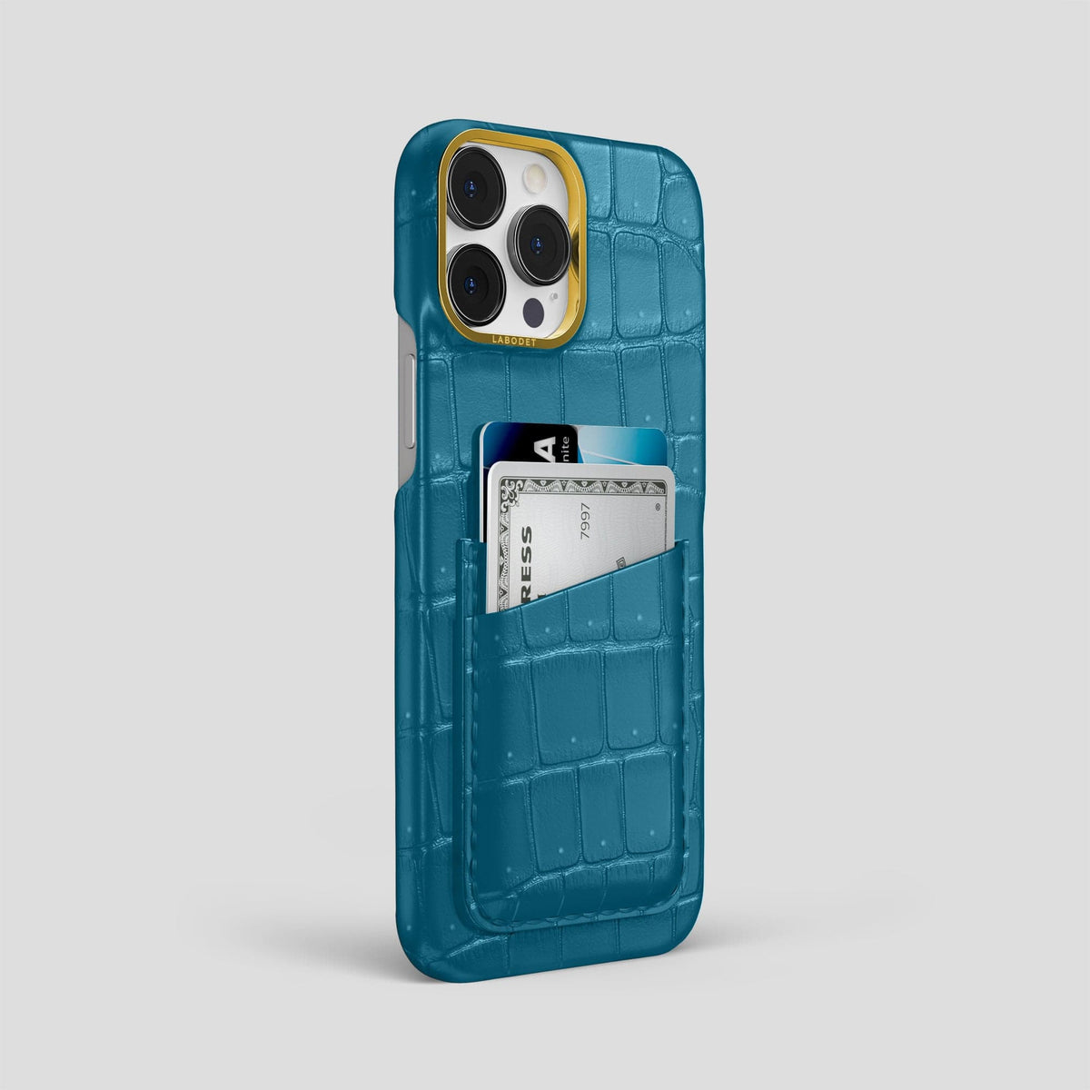 Duck Blue iPhone 14 Pro Max Porosus Crocodile Porosus Crocodile with Gold Metal -2 | Duck-Blue-Gold