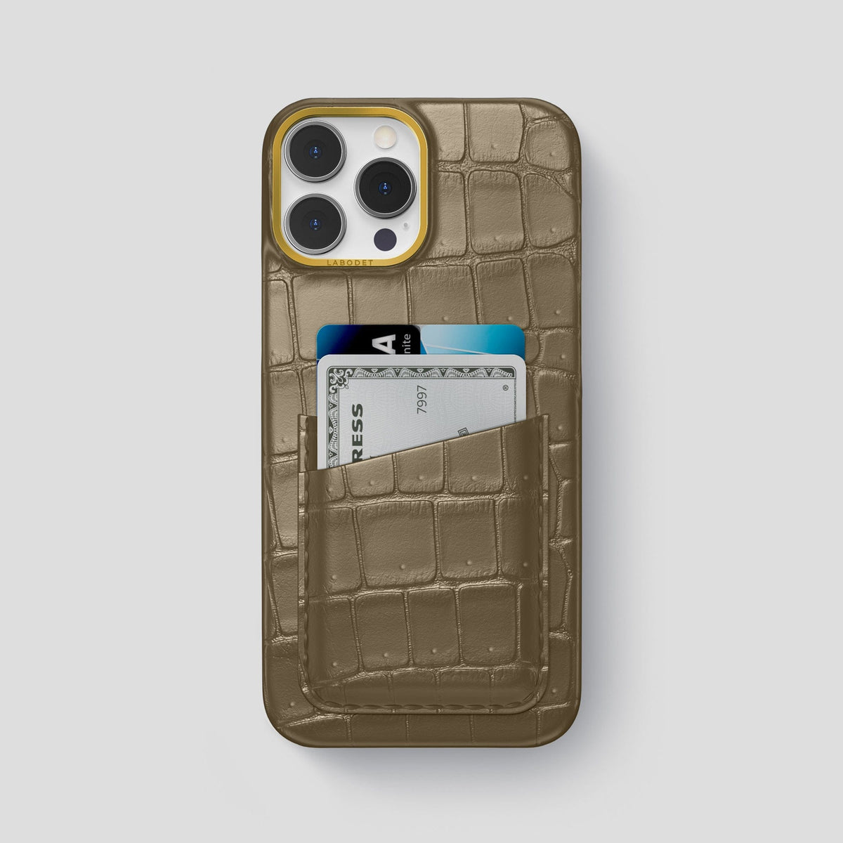 Kaki-Green iPhone 14 Pro Max Porosus Crocodile Porosus Crocodile with Gold Metal -1 | Kaki-Green-Gold