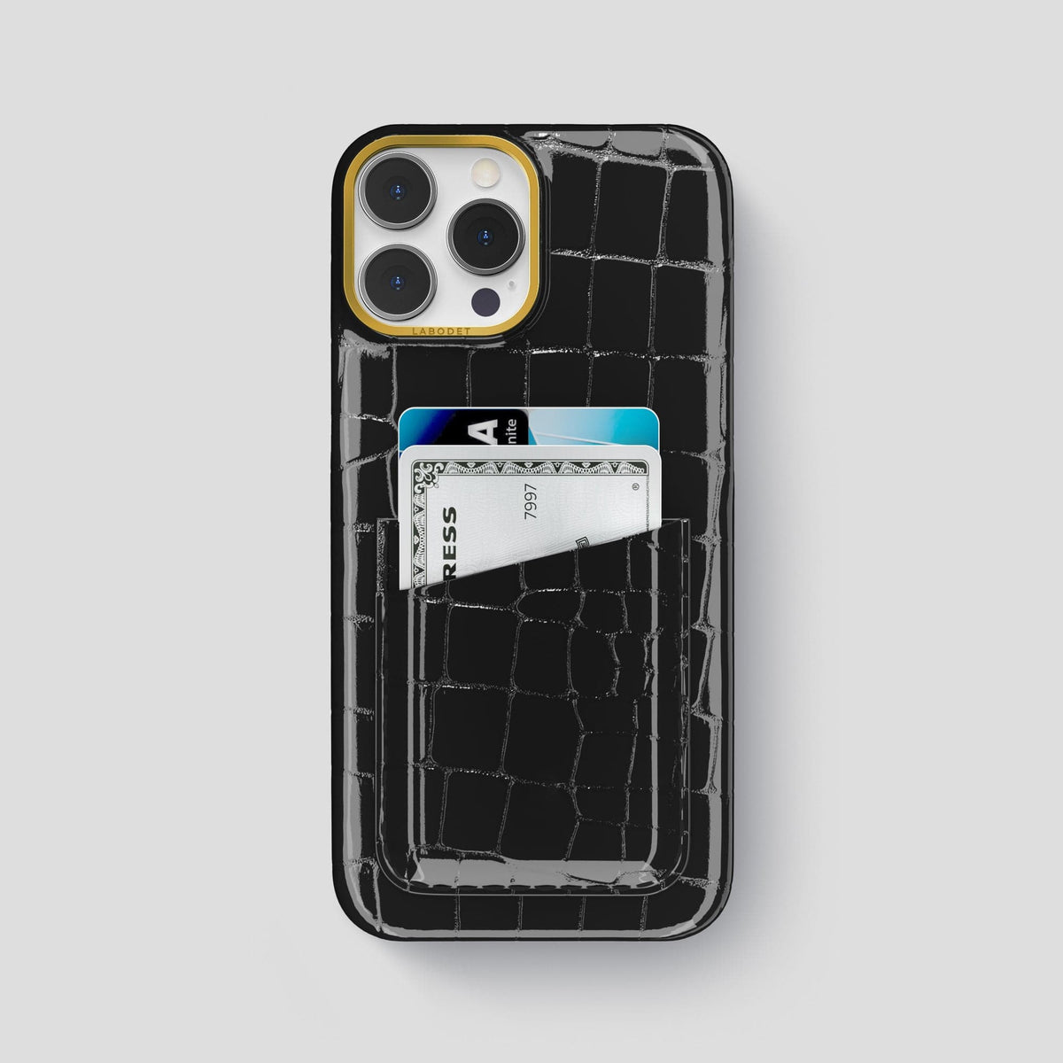 Black iPhone 14 Pro Max Classic Case Shiny Alligator with Gold Metal -1 | Black-Gold