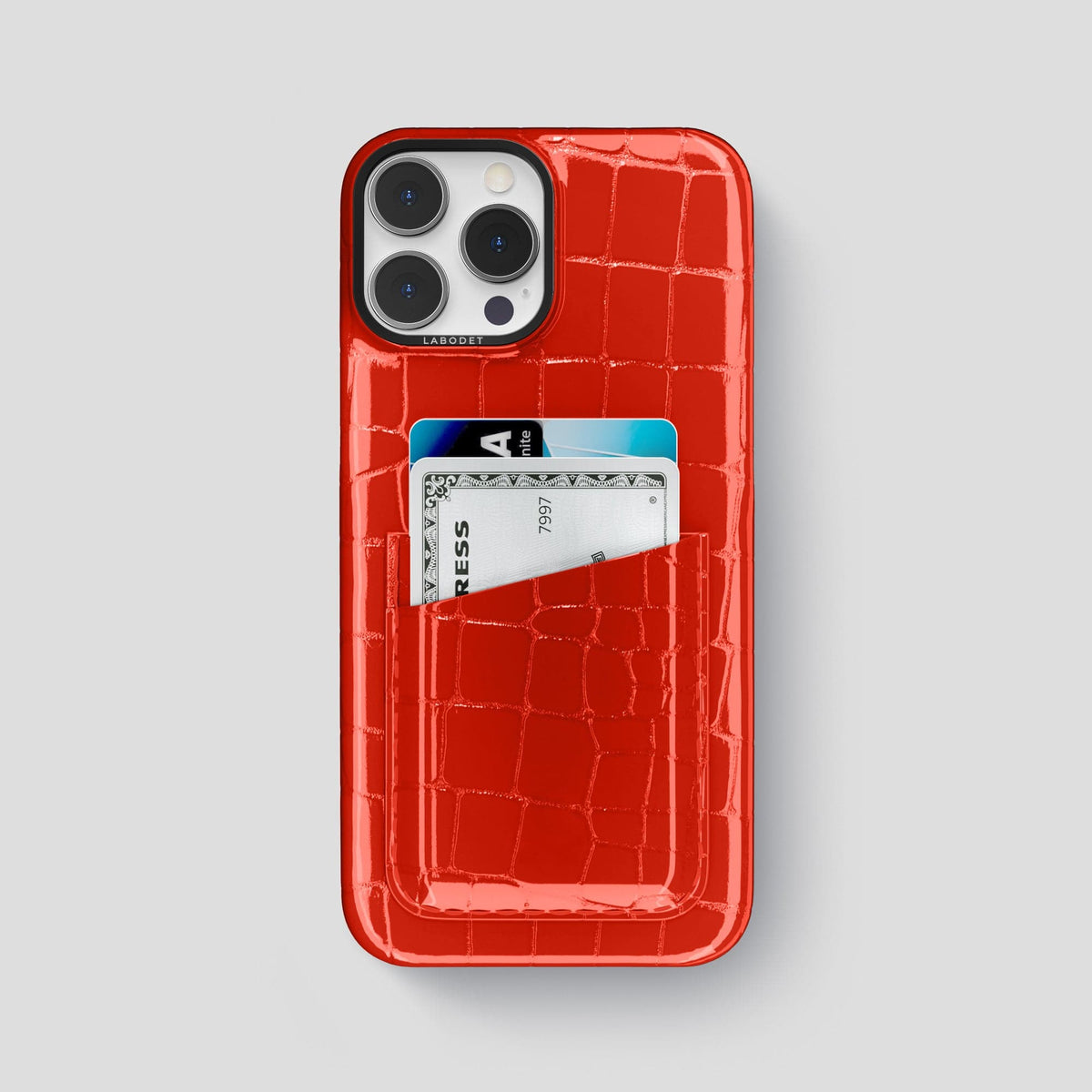 Coral Orange iPhone 14 Pro Max Classic Case Shiny Alligator with Black Metal -1 | Coral-Orange-Black