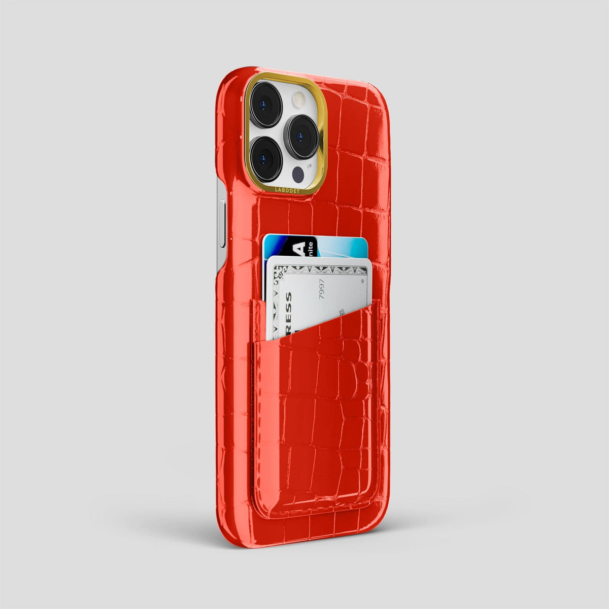Coral Orange iPhone 14 Pro Max Classic Case Shiny Alligator with Gold Metal -2 | Coral-Orange-Gold