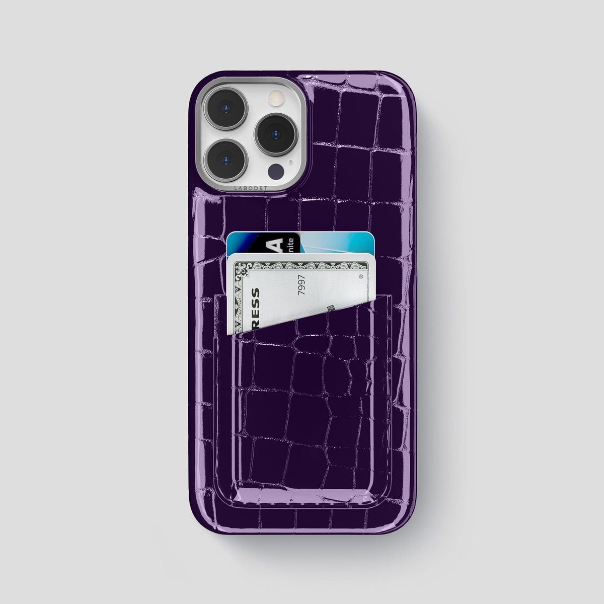 Purple iPhone 14 Pro Max Classic Case Shiny Alligator with Steel Metal -1 | Purple-Steel