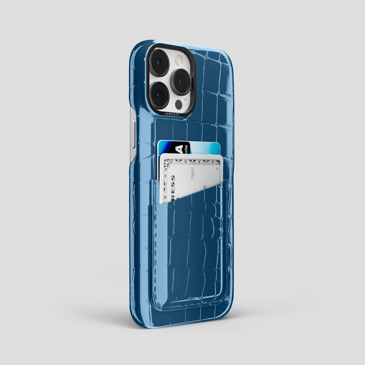 Turquoise-Blue iPhone 14 Pro Max Classic Case Shiny Alligator with Black Metal -2 | Turqoise-Blue-Black