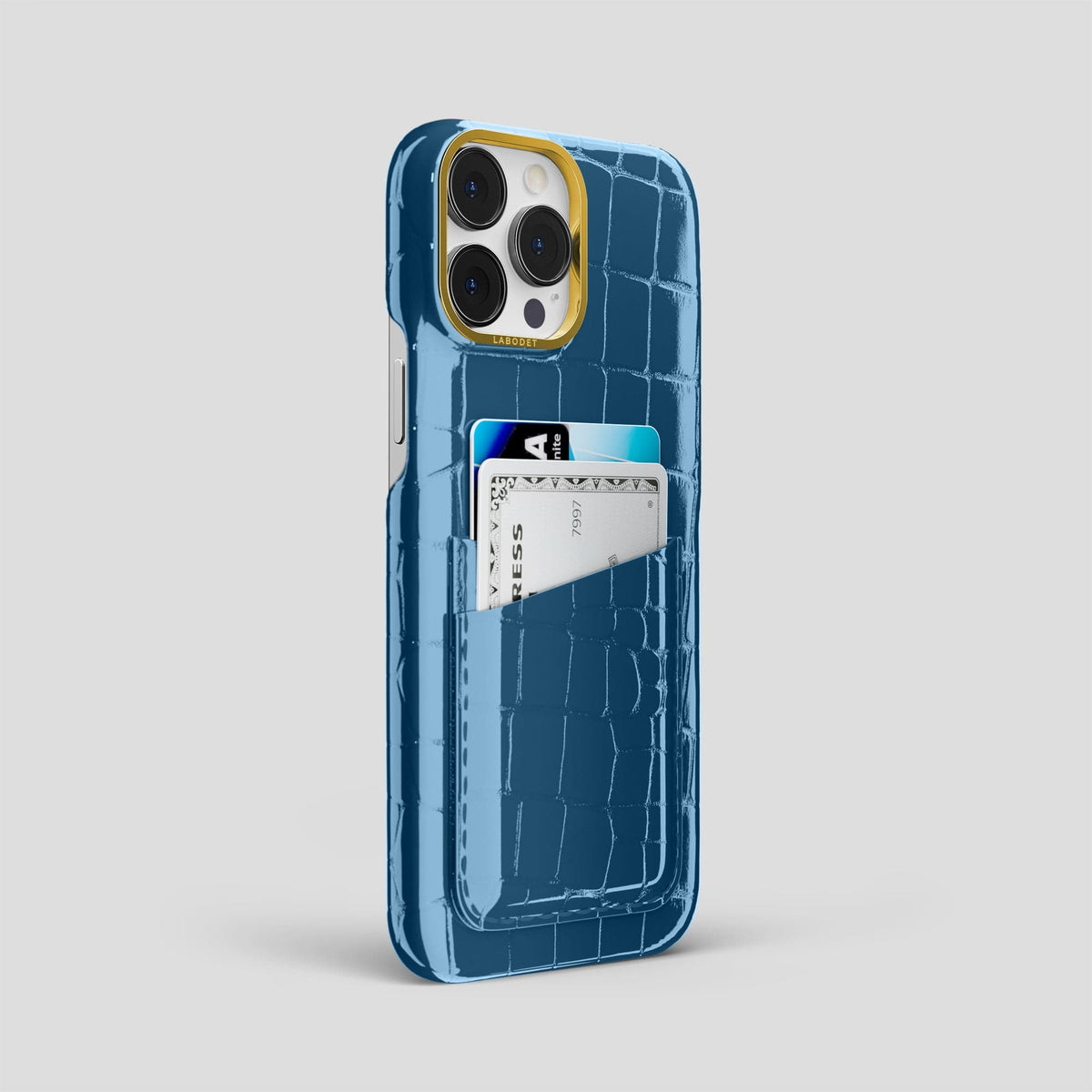 Turquoise-Blue iPhone 14 Pro Max Classic Case Shiny Alligator with Gold Metal -2 | Turqoise-Blue-Gold