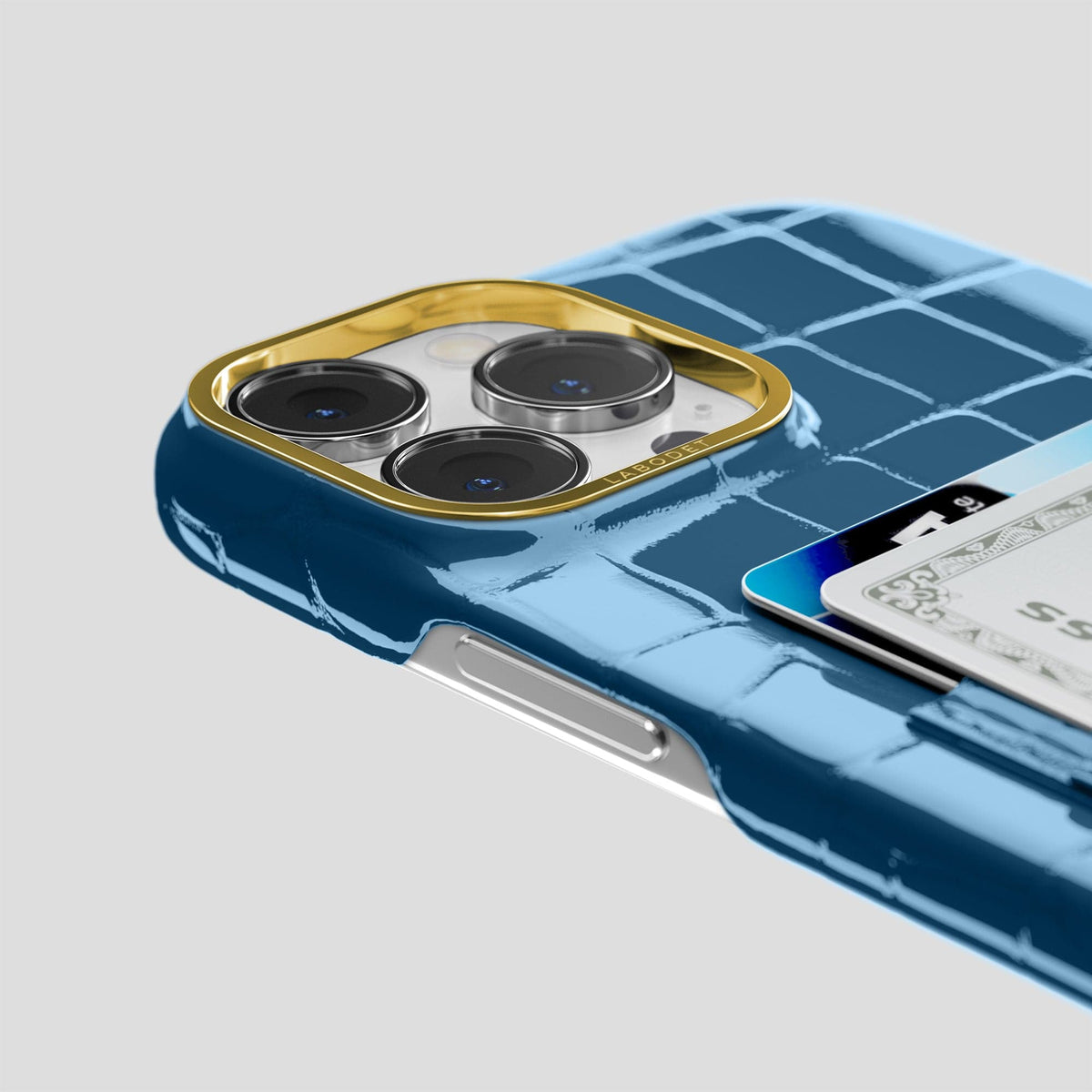 Turquoise-Blue iPhone 14 Pro Max Classic Case Shiny Alligator with Gold Metal -5 | Turqoise-Blue-Gold