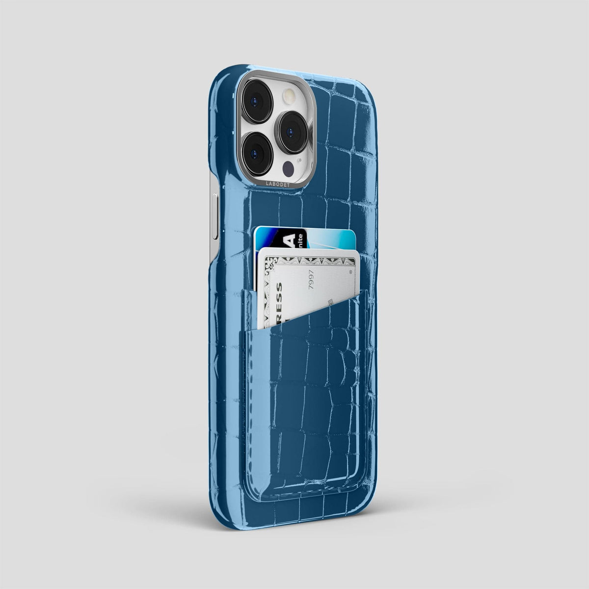 Turquoise-Blue iPhone 14 Pro Max Classic Case Shiny Alligator with Steel Metal -2 | Turqoise-Blue-Steel