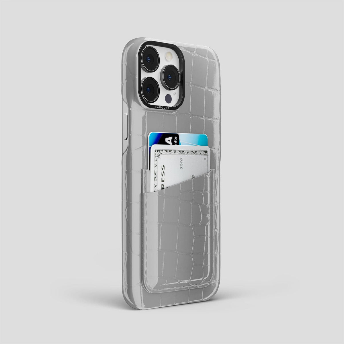 White iPhone 14 Pro Max Classic Case Shiny Alligator with Black Metal -2 | White-Black