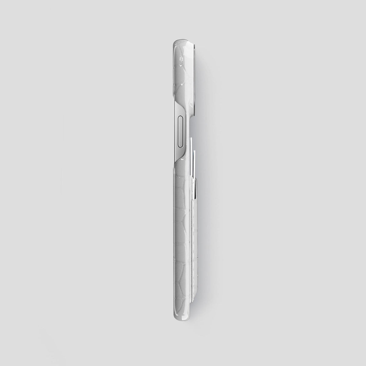 White iPhone 14 Pro Max Classic Case Shiny Alligator with Steel Metal -3 | White-Steel