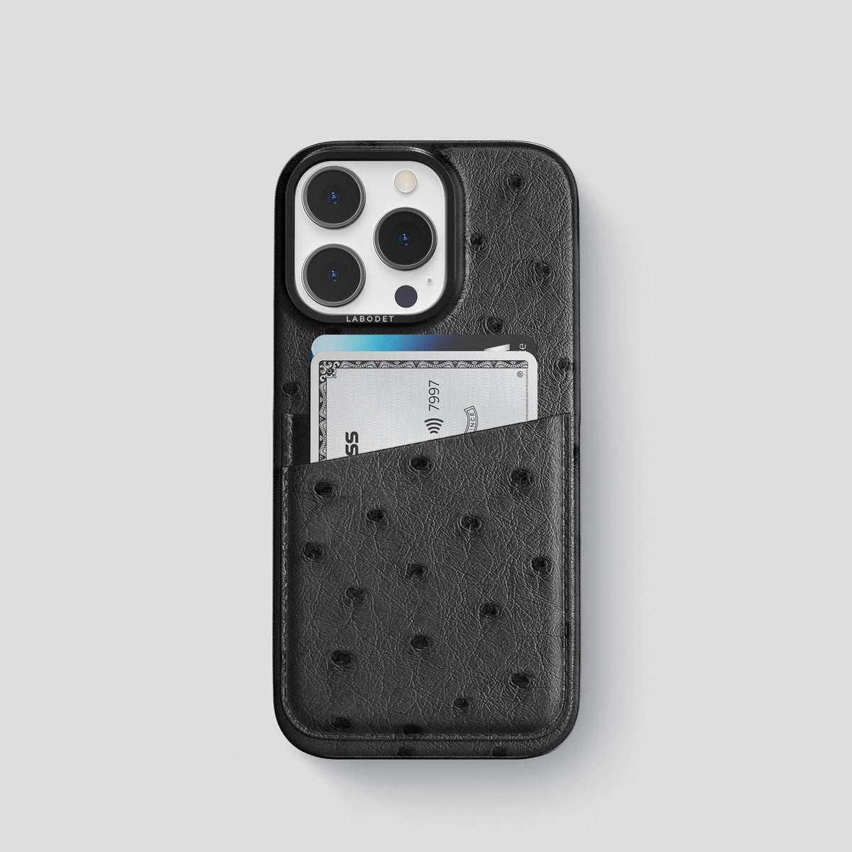 Black iPhone 14 Pro Card Case Ostrich with Black Metal -1 | Black-Black
