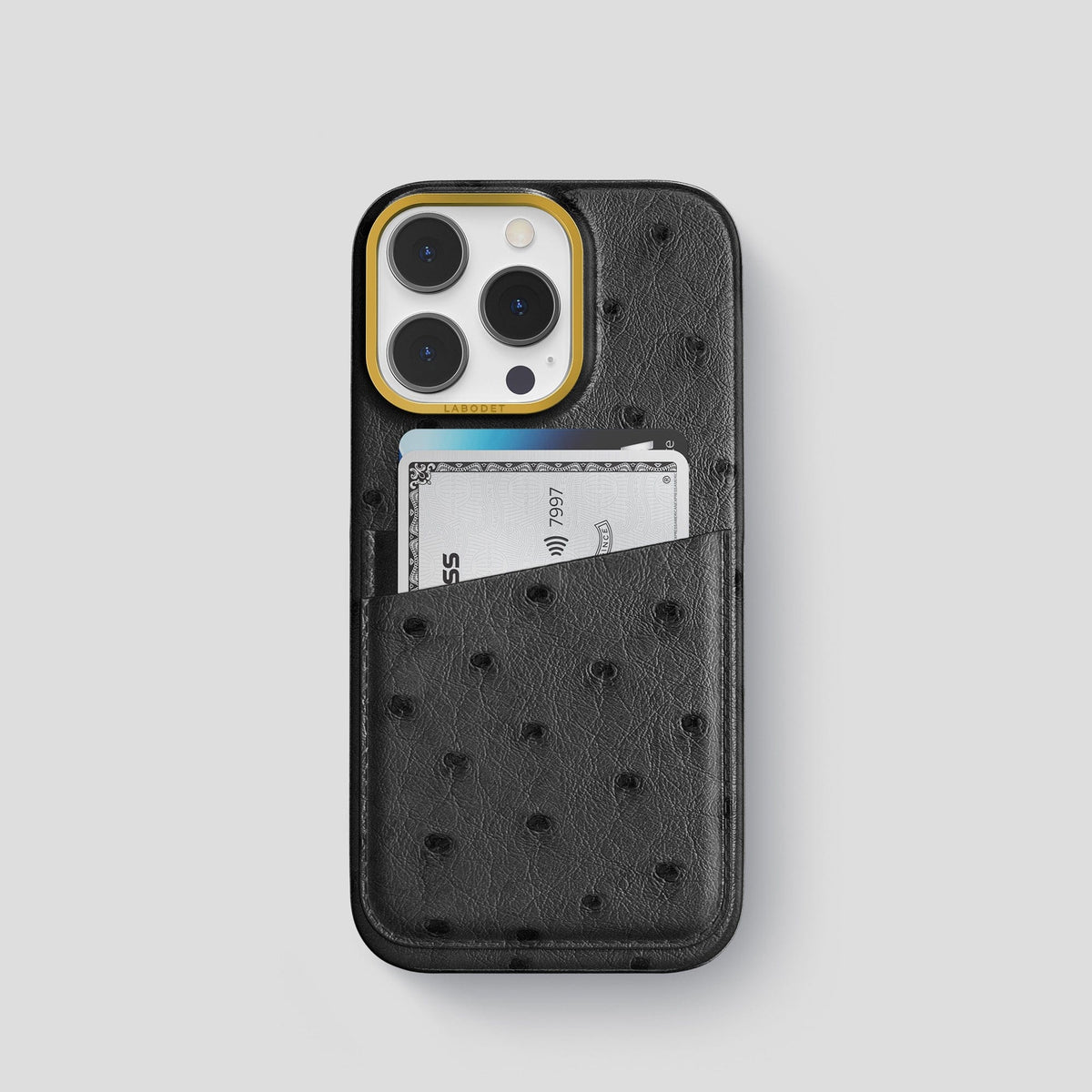 Black iPhone 14 Pro Card Case Ostrich with Gold Metal -1 | Black-Gold