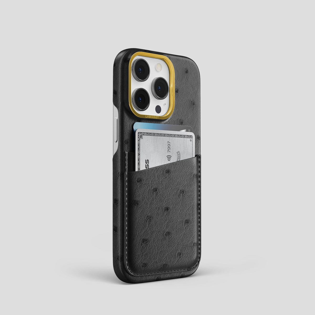 Black iPhone 14 Pro Card Case Ostrich with Gold Metal -2 | Black-Gold