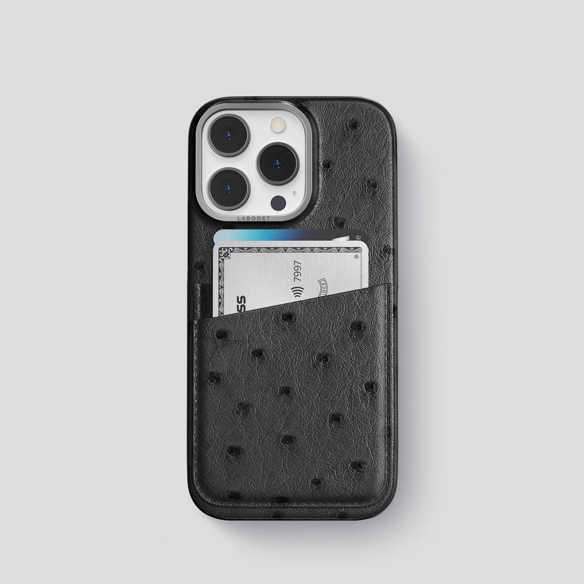 Black iPhone 14 Pro Card Case Ostrich with Steel Metal -1 | Black-Steel