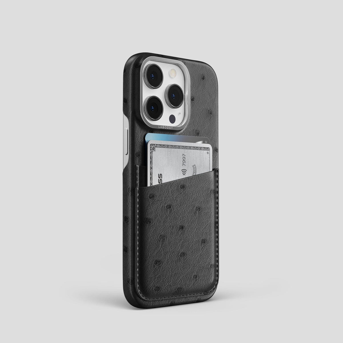 Black iPhone 14 Pro Card Case Ostrich with Steel Metal -2 | Black-Steel