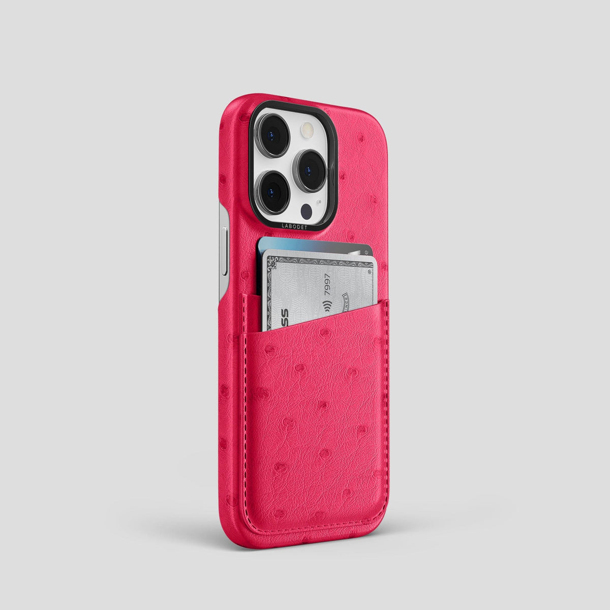 Bordeaux iPhone 14 Pro Card Case Ostrich with Black Metal -2 | Bordeaux-Black