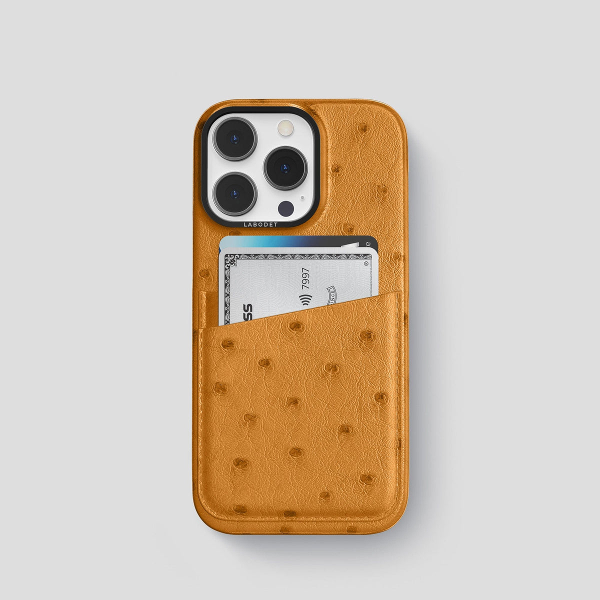 Chestnut iPhone 14 Pro Card Case Ostrich with Black Metal -1 | Chestnut-Black