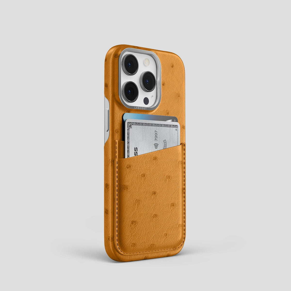 Chestnut iPhone 14 Pro Card Case Ostrich with Steel Metal -2 | Chestnut-Steel