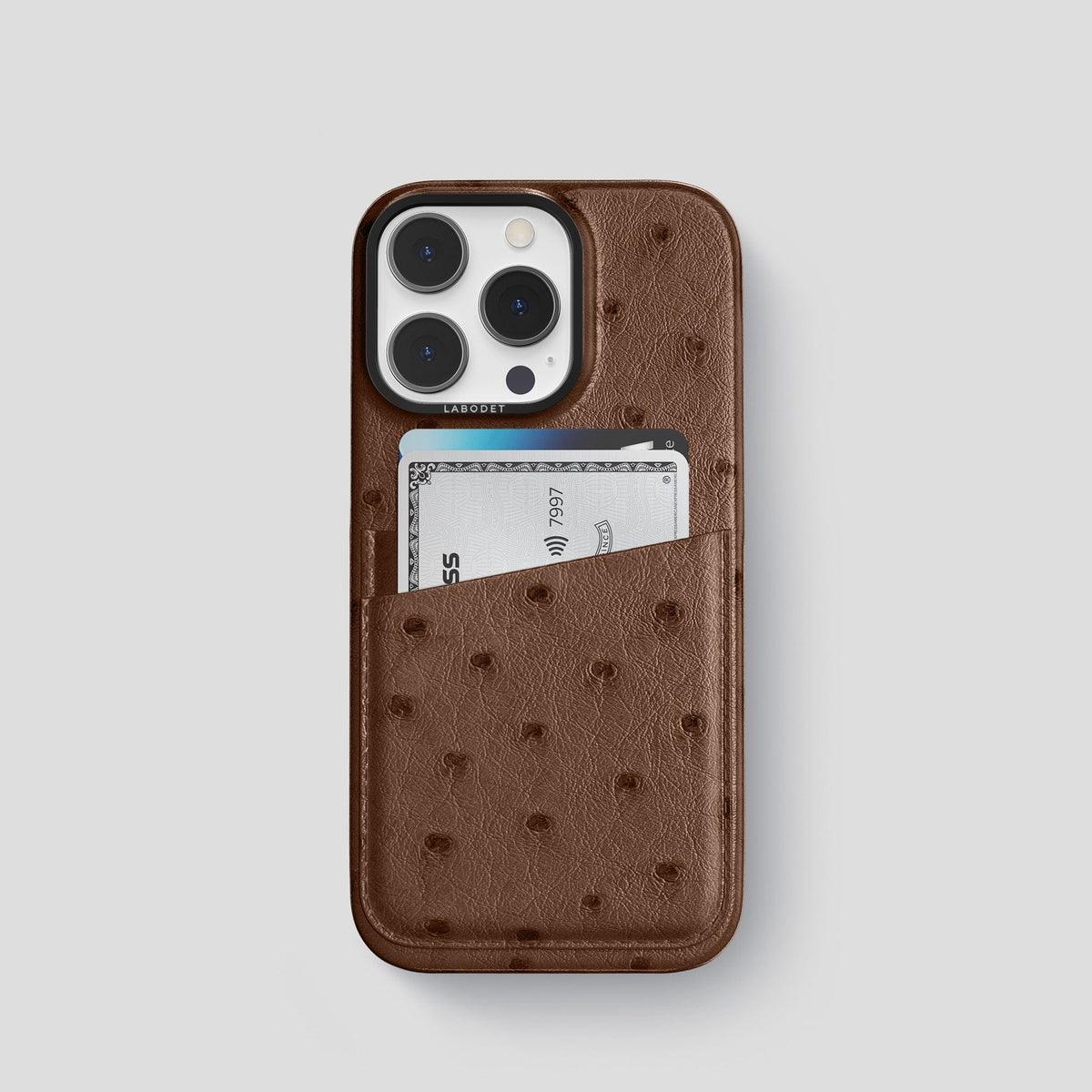 Chocolate iPhone 14 Pro Card Case Ostrich with Black Metal -1 | Chocolate-Black