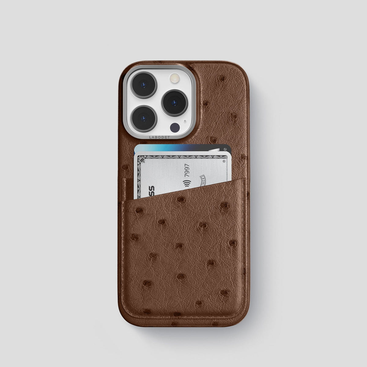 Chocolate iPhone 14 Pro Card Case Ostrich with Steel Metal -1 | Chocolate-Steel