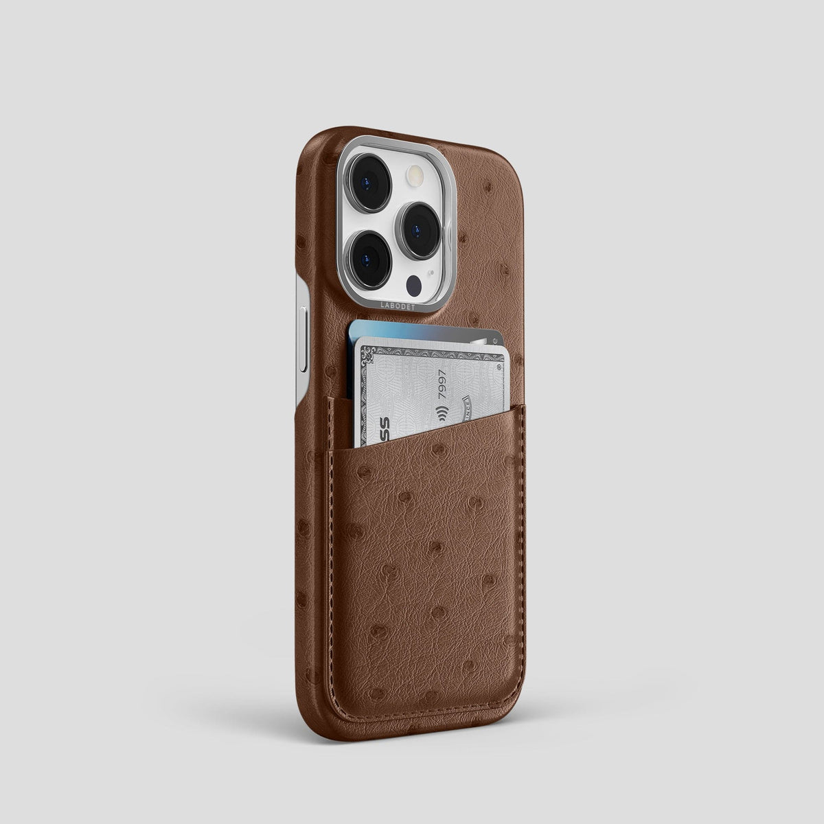 Chocolate iPhone 14 Pro Card Case Ostrich with Steel Metal -2 | Chocolate-Steel