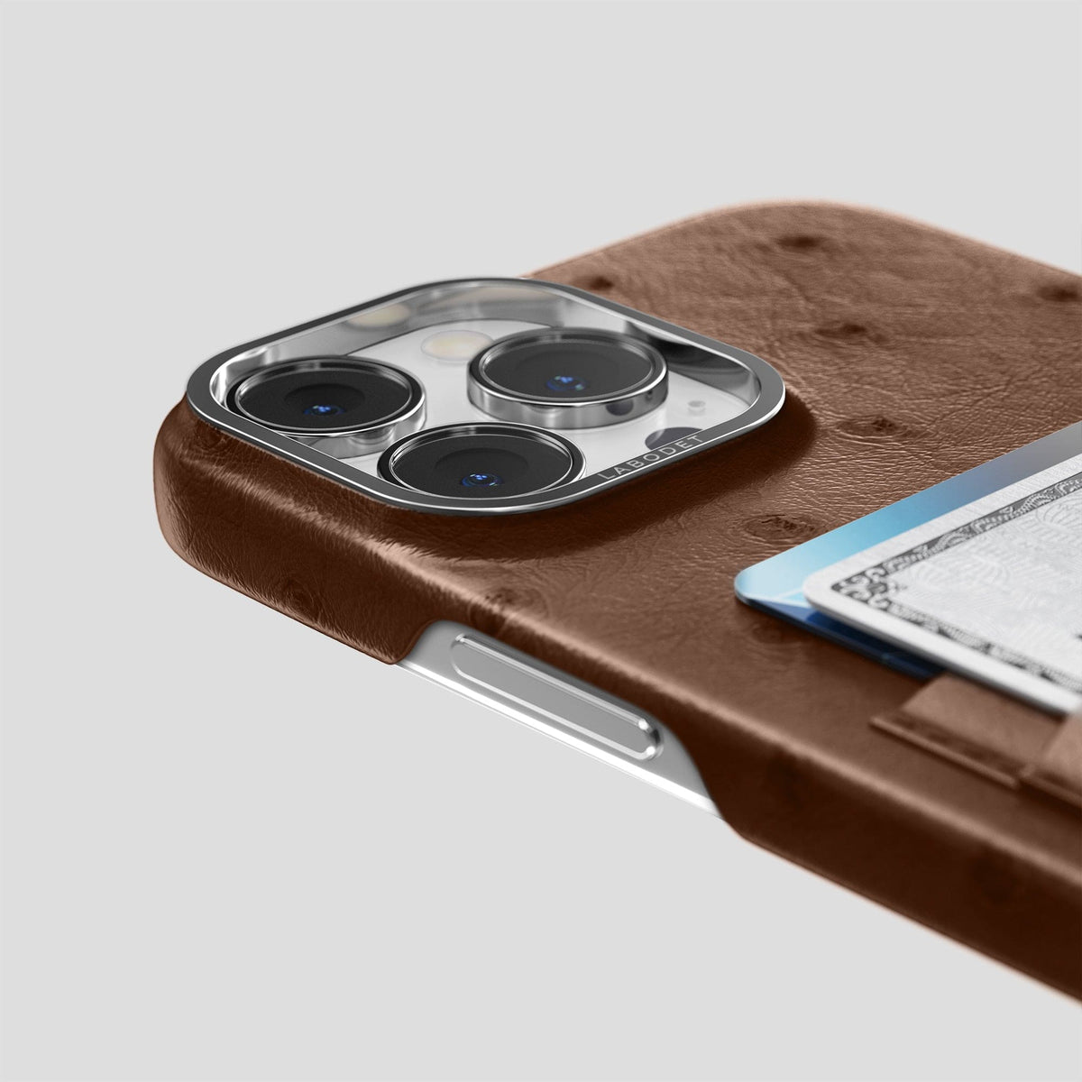 Chocolate iPhone 14 Pro Card Case Ostrich with Steel Metal -5 | Chocolate-Steel