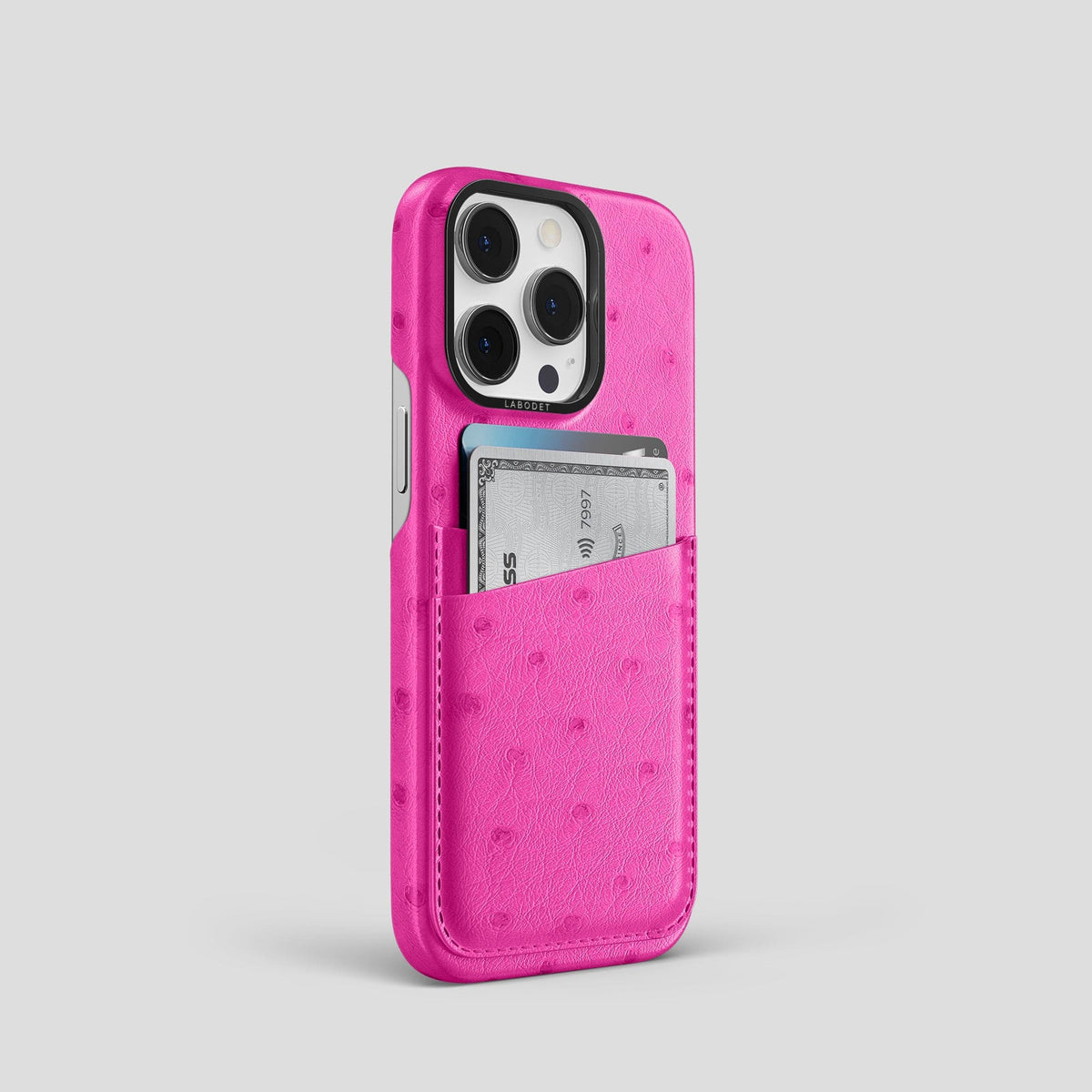 Fuchsia iPhone 14 Pro Card Case Ostrich with Black Metal -2 | Fuchsia-Black