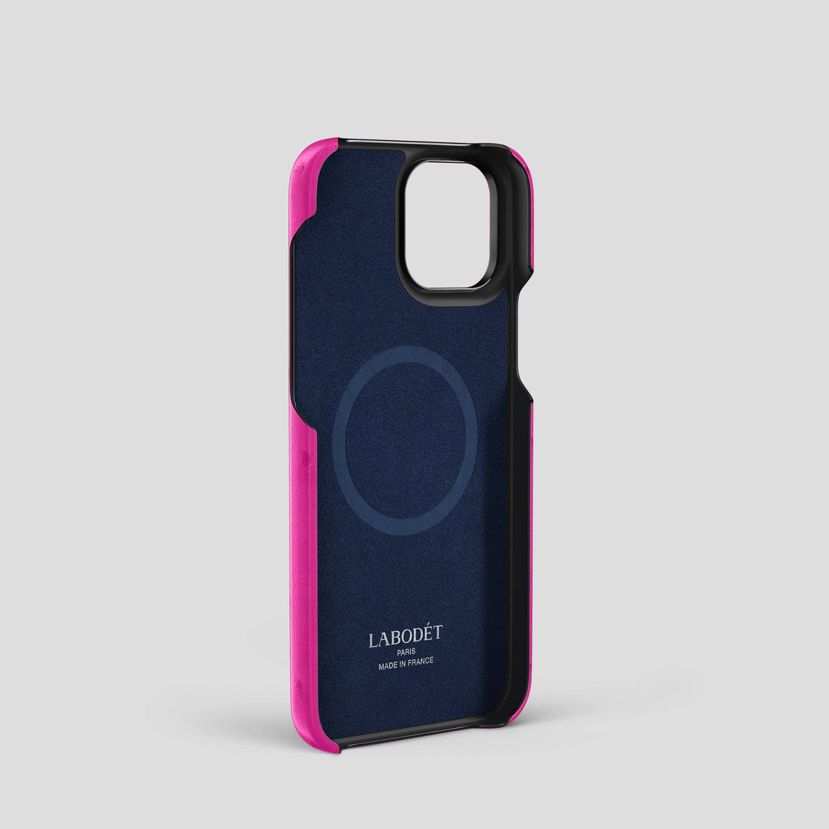 Fuchsia iPhone 14 Pro Card Case Ostrich with Black Metal -4 | Fuchsia-Black