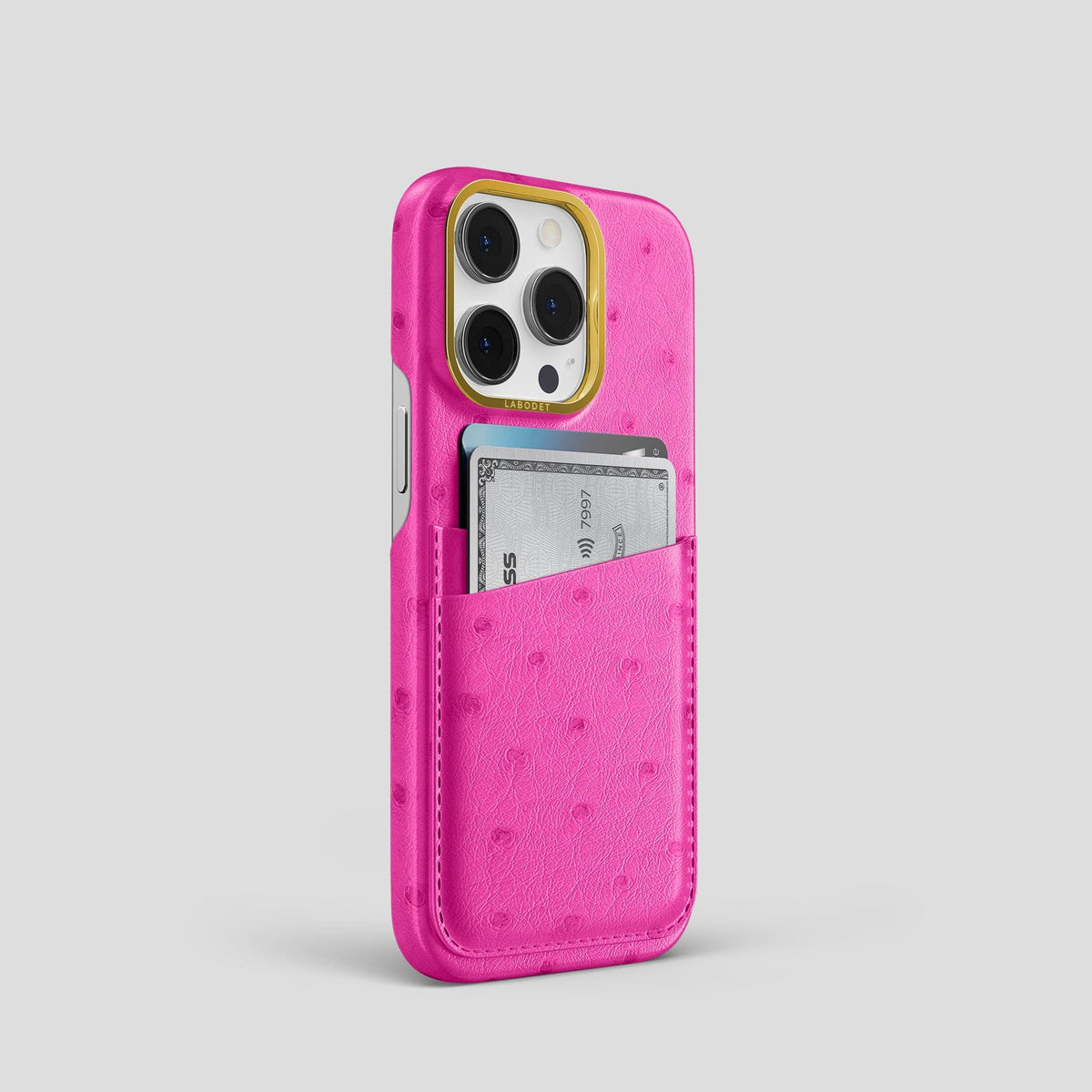 Fuchsia iPhone 14 Pro Card Case Ostrich with Gold Metal -2 | Fuchsia-Gold