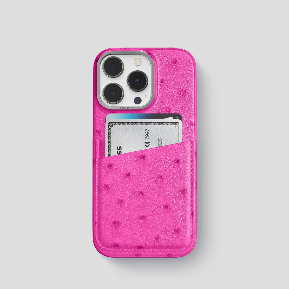 Fuchsia iPhone 14 Pro Card Case Ostrich with Steel Metal -1 | Fuchsia-Steel
