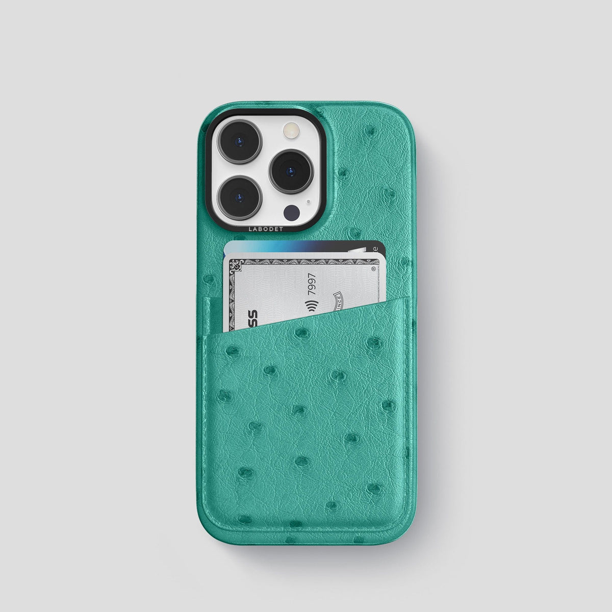 Turquoise iPhone 14 Pro Card Case Ostrich with Black Metal -1 | Turquoise-Black