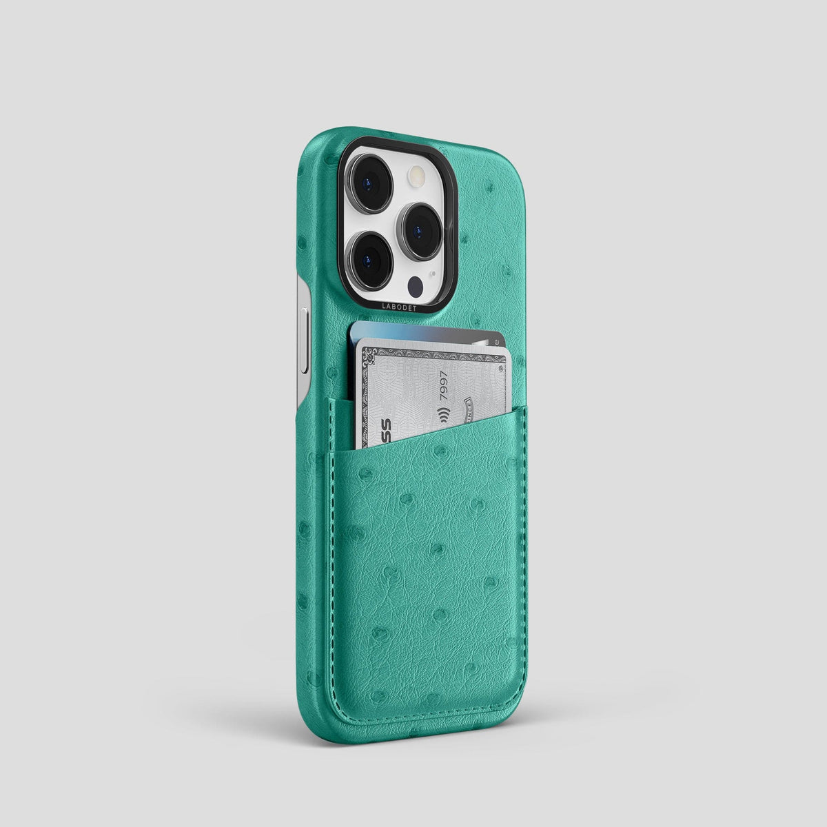 Turquoise iPhone 14 Pro Card Case Ostrich with Black Metal -2 | Turquoise-Black
