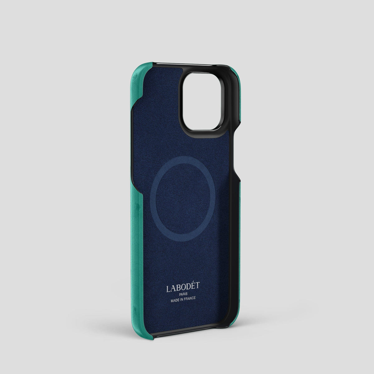 Turquoise iPhone 14 Pro Card Case Ostrich with Black Metal -4 | Turquoise-Black