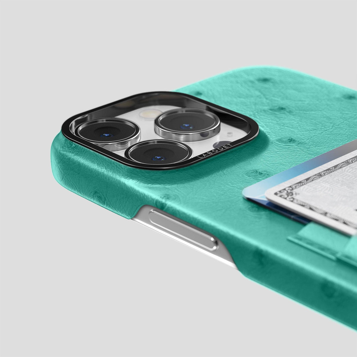 Turquoise iPhone 14 Pro Card Case Ostrich with Black Metal -5 | Turquoise-Black