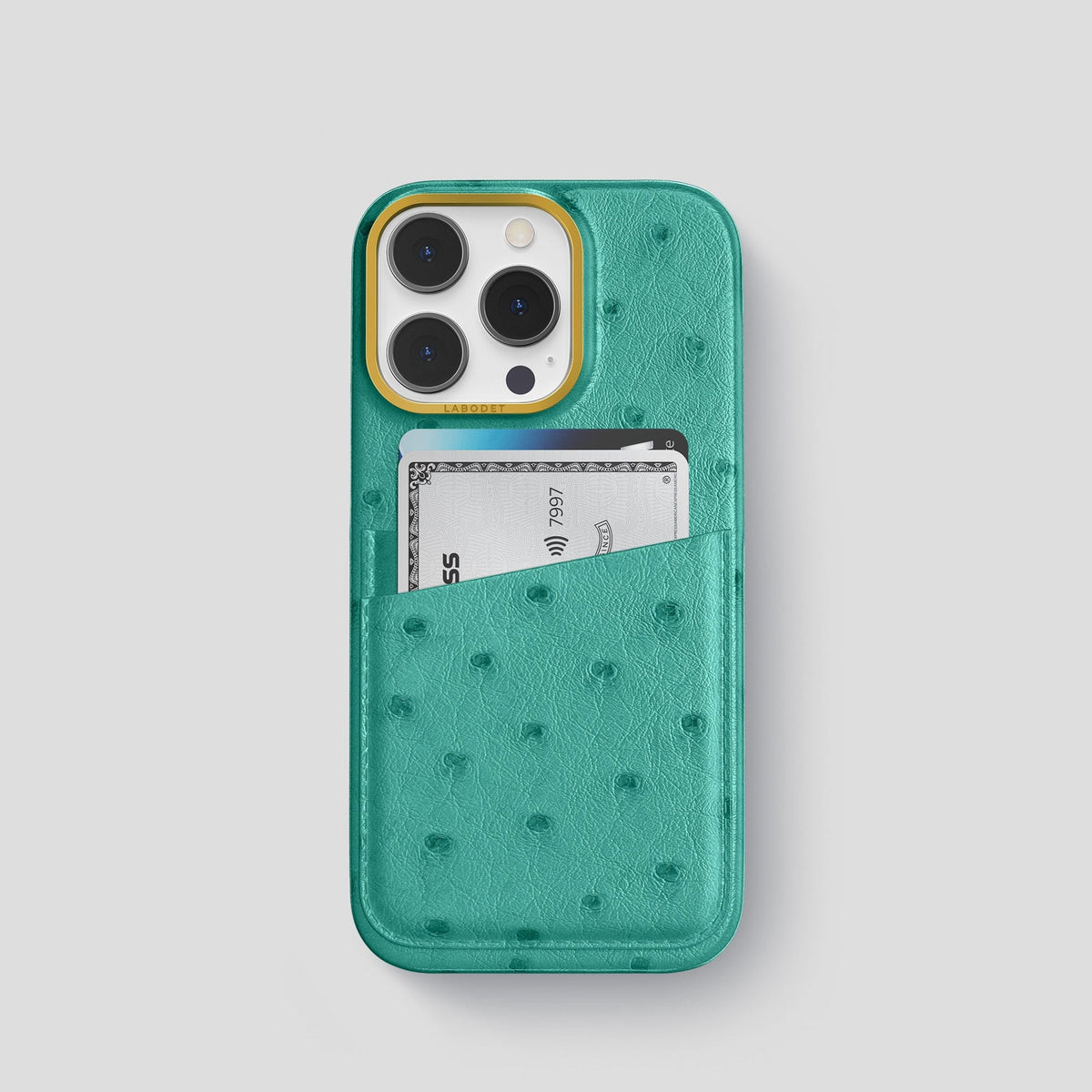 Turquoise iPhone 14 Pro Card Case Ostrich with Gold Metal -1 | Turquoise-Gold