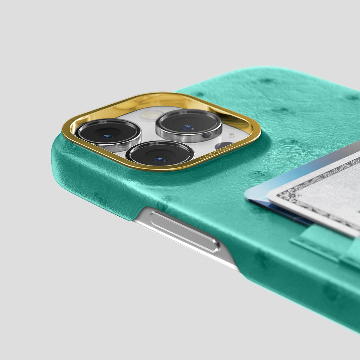 Turquoise iPhone 14 Pro Card Case Ostrich with Gold Metal -5 | Turquoise-Gold