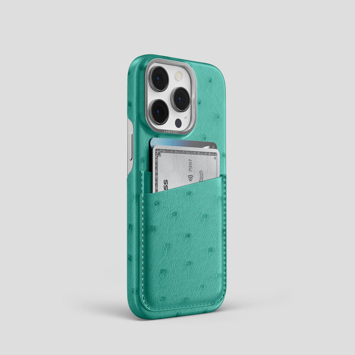 Turquoise iPhone 14 Pro Card Case Ostrich with Steel Metal -2 | Turquoise-Steel