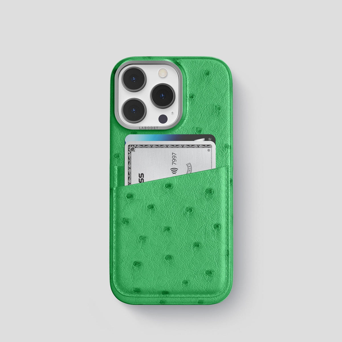 Kentucky Green iPhone 14 Pro Card Case Ostrich with Steel Metal -1 | Kentucky-Green-Steel