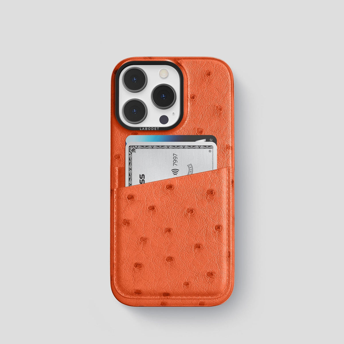 Orange iPhone 14 Pro Card Case Ostrich with Black Metal -1 | Orange-Black