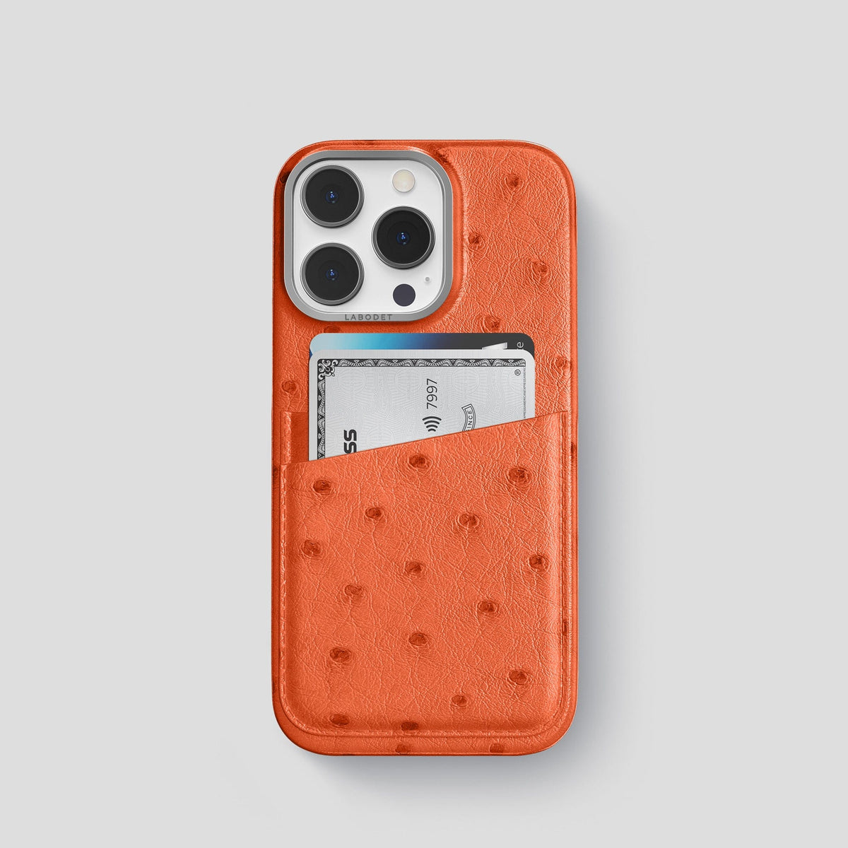 Orange iPhone 14 Pro Card Case Ostrich with Steel Metal -1 | Orange-Steel