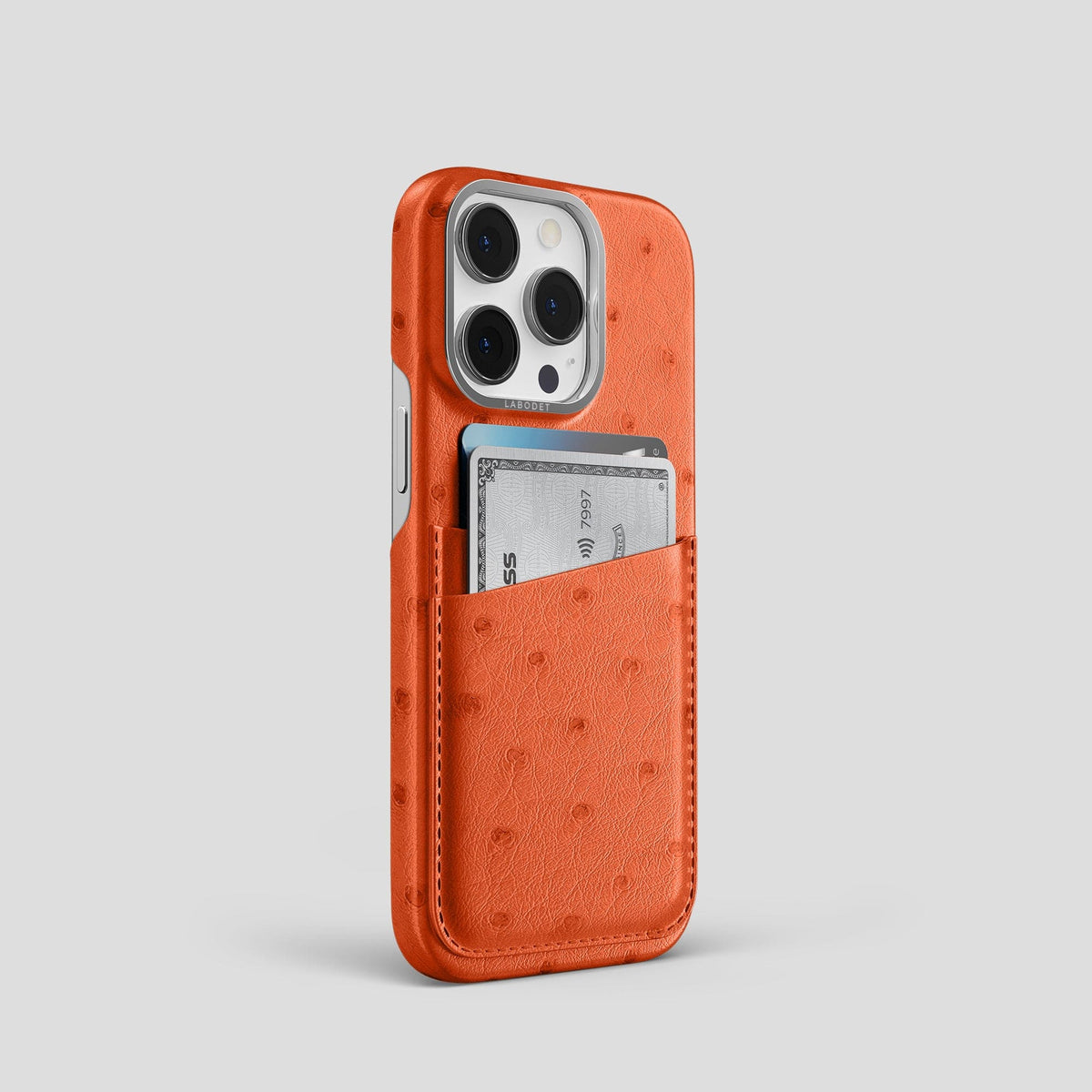 Orange iPhone 14 Pro Card Case Ostrich with Steel Metal -2 | Orange-Steel