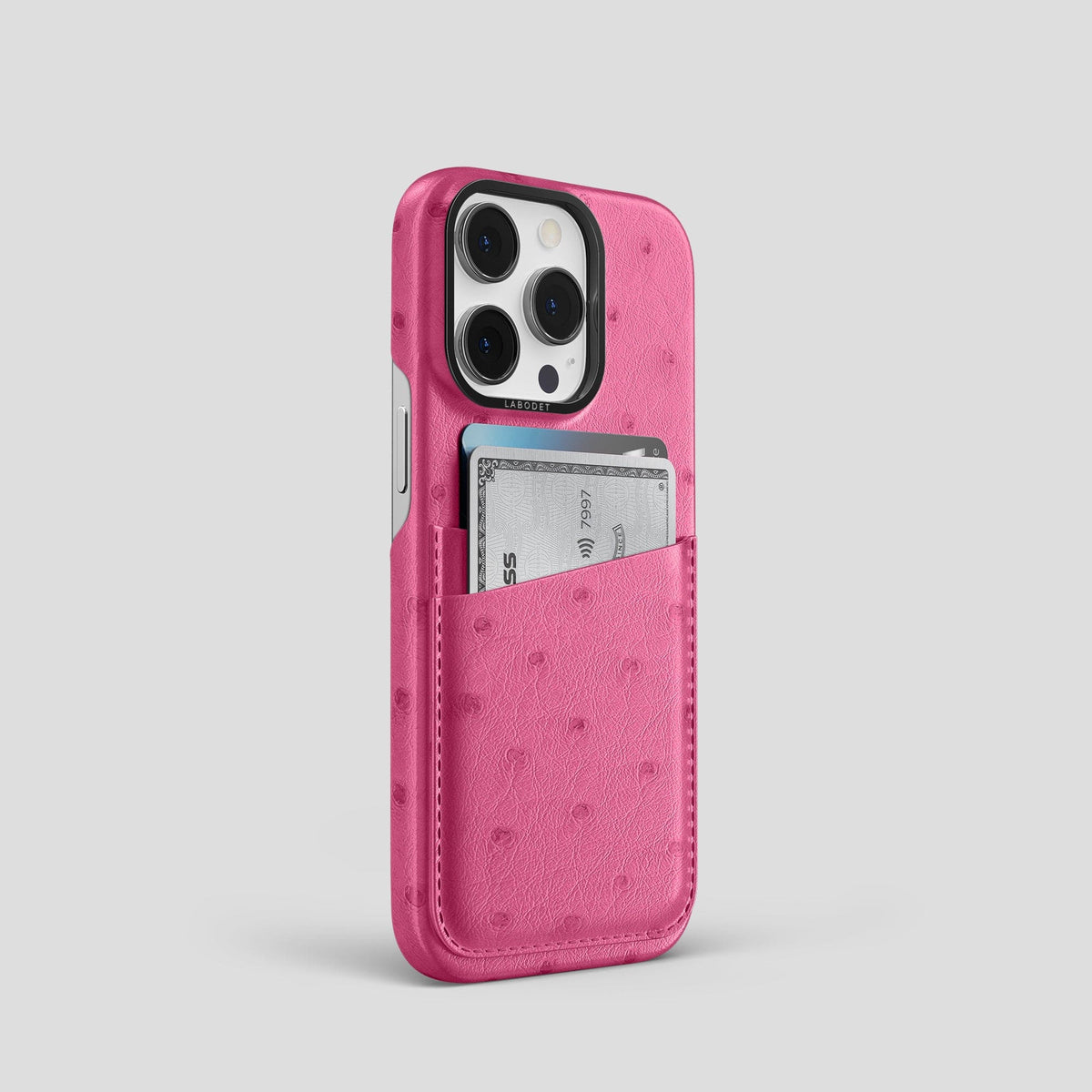 Petal Pink iPhone 14 Pro Card Case Ostrich with Black Metal -2 | Petal-Pink-Black